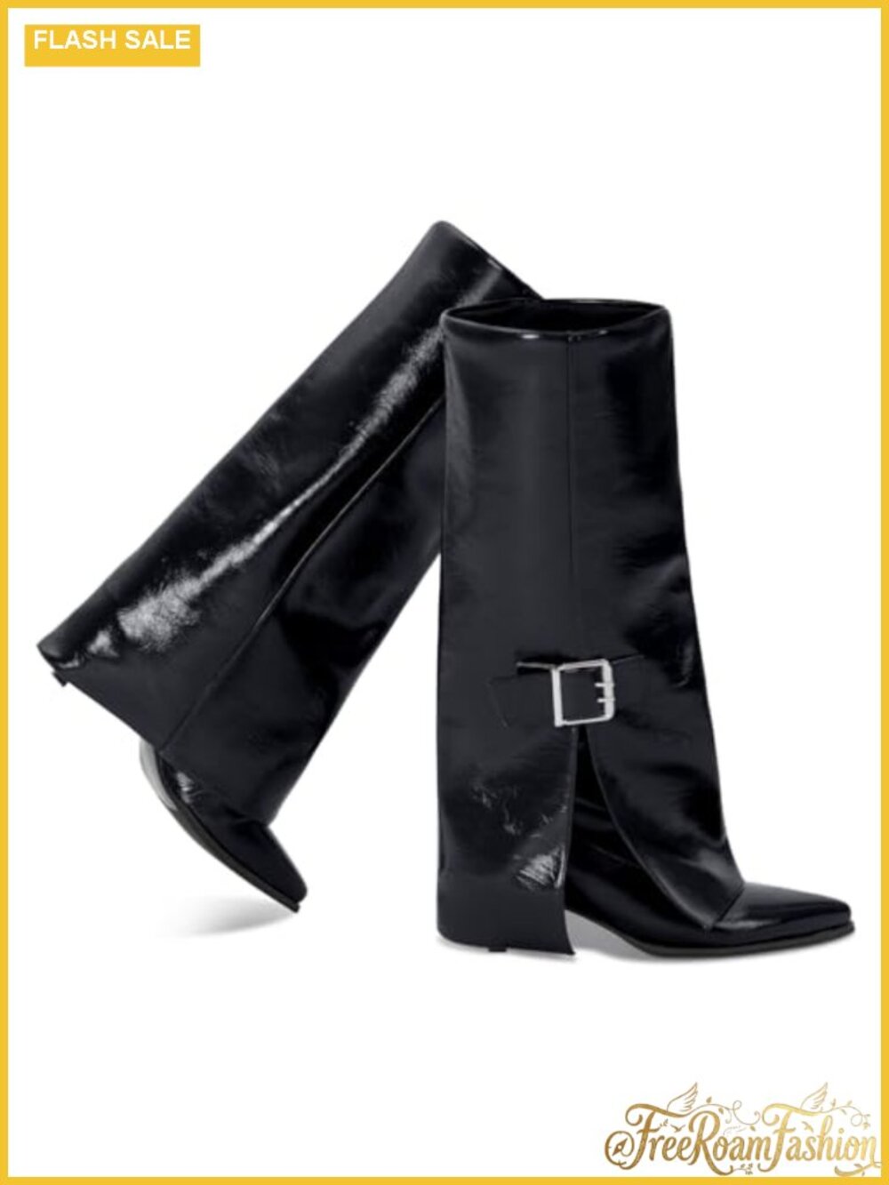 Faux Leather Knee High Boots Pointed Toe Kitten Heel Fold Over Wide Calf